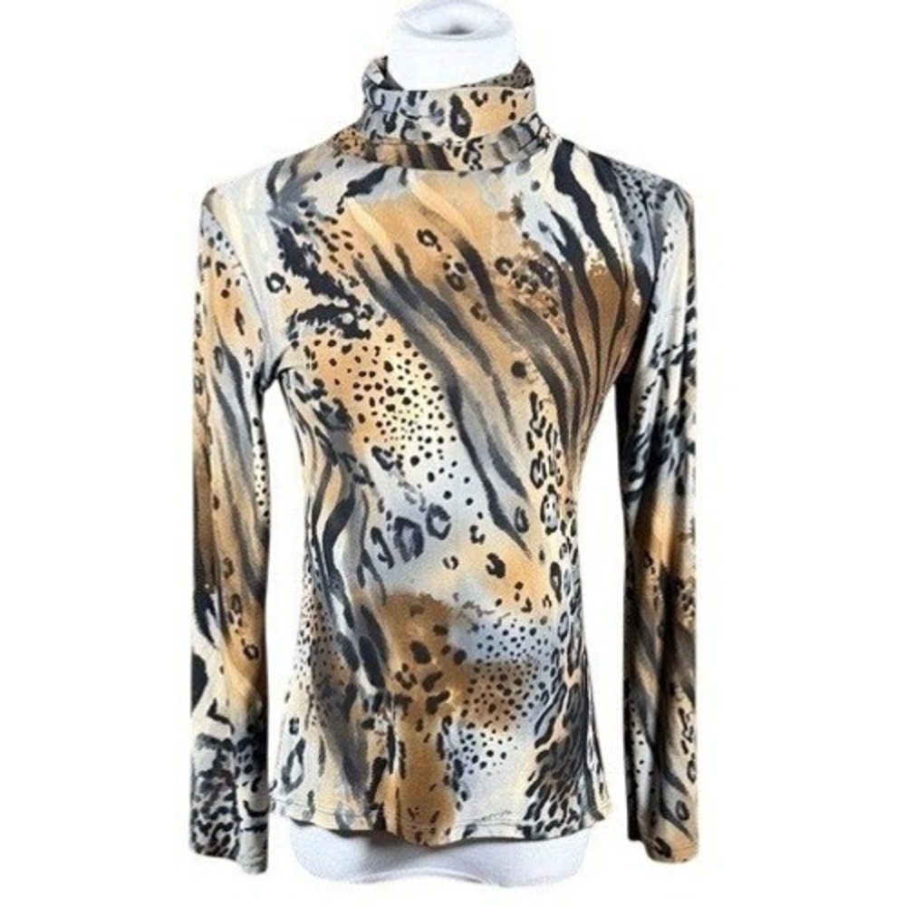 Papillon Blanc Women Mixed Animal Print Turtleneck Long Sleeve Top Brown Tan